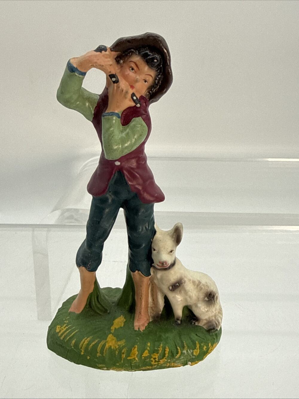 Vintage Fontanini Italy Paper Mache Shepherd Playing Flute w/ Dog 5" Nativity